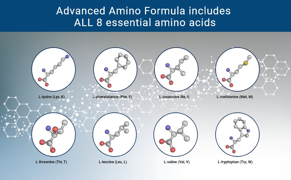 Advanced Amino Formula includes all 8 essential amino acids: lysine, phenylalanine, isoleucine, methionine, threonine, leucine, valine and tryptophan